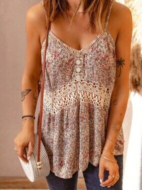Boho Floral Print lace V neck Cami Straps Tank Top